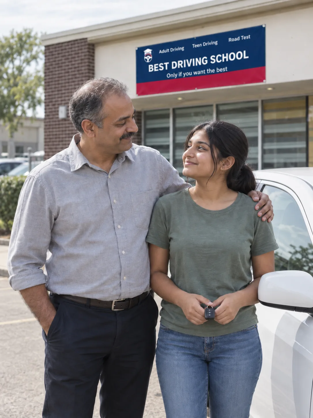 A father and daughter outside the Best Driving School office after her lesson, car keys in hand