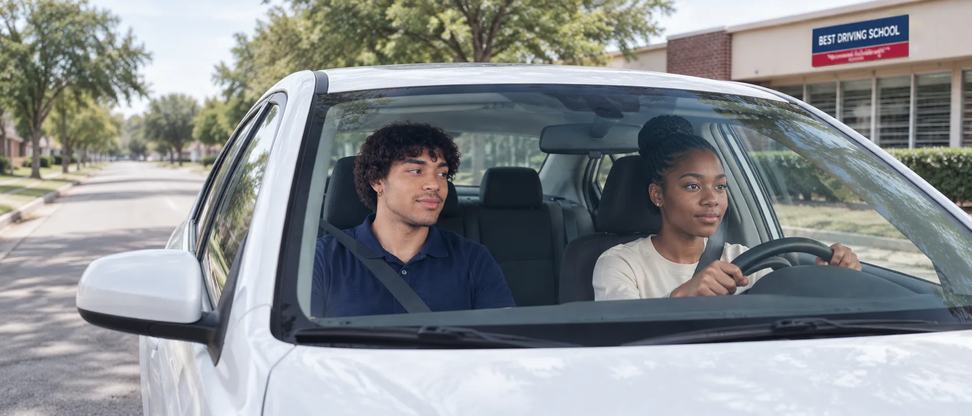 An instructor encouraging a student driver during a downtown lesson