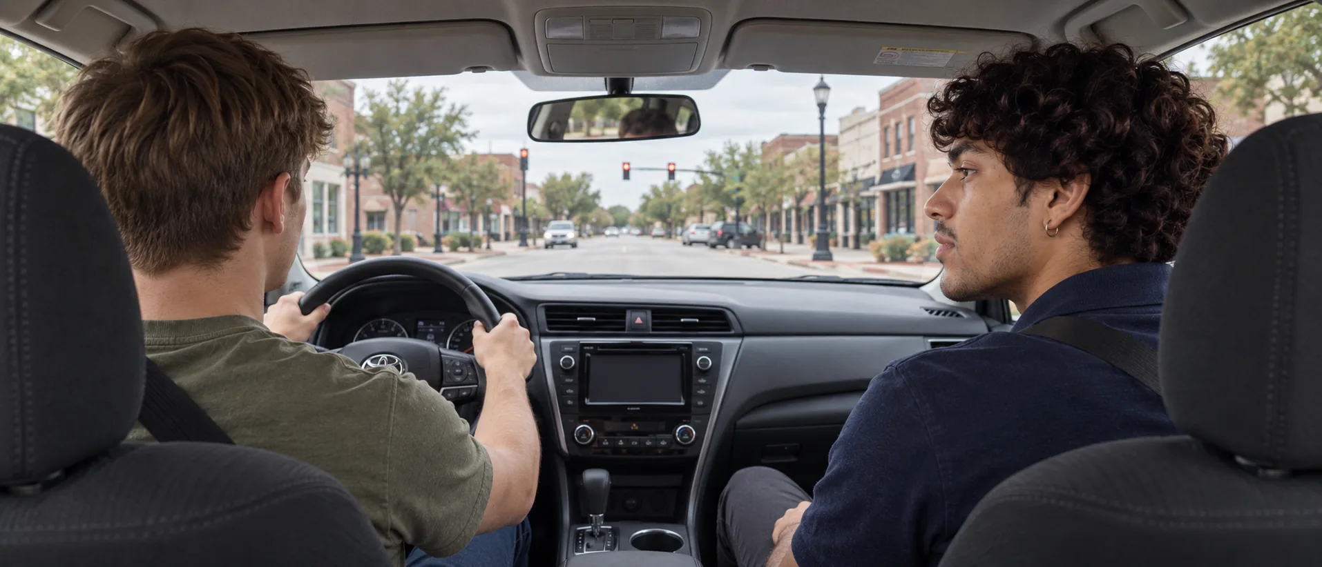 Student driving through historic downtown McKinney with an instructor beside her