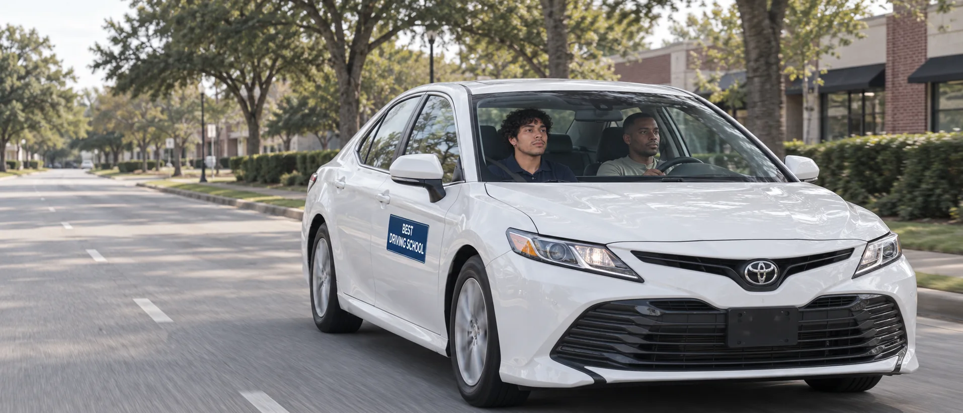 A Best Driving School instructor and student driving a white Camry on a tree-lined Texas street