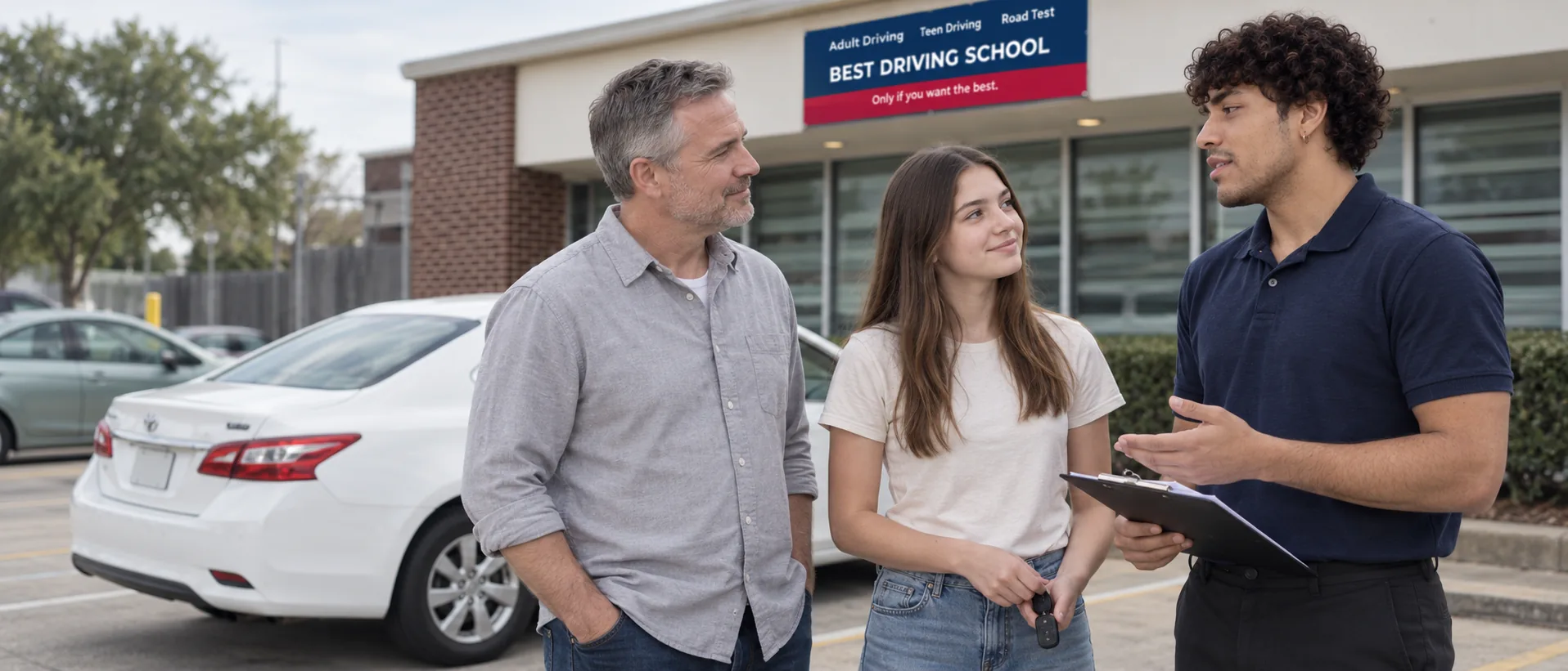 Instructor talking through the parent-taught driving log with a father and his teen outside the school