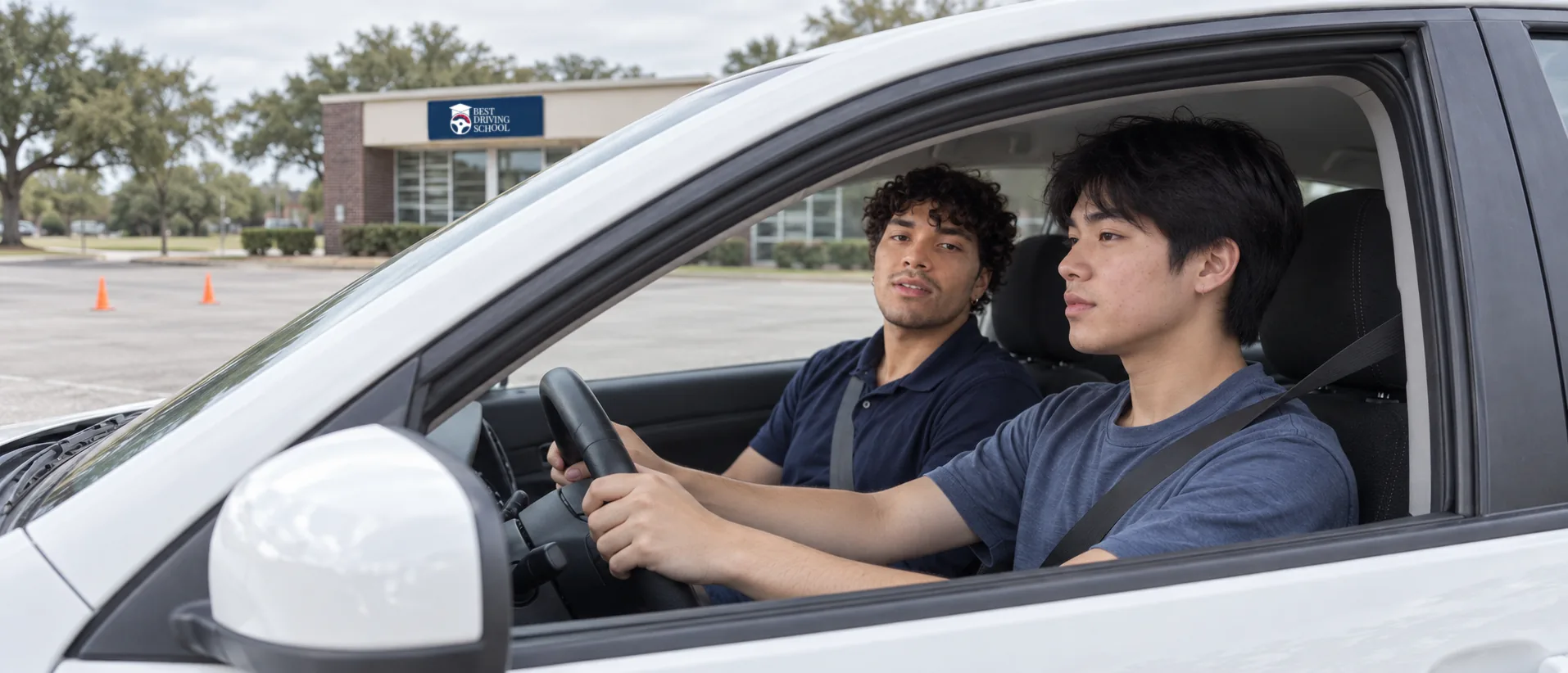 Teen student at the wheel of a dual-control training car with an instructor beside him