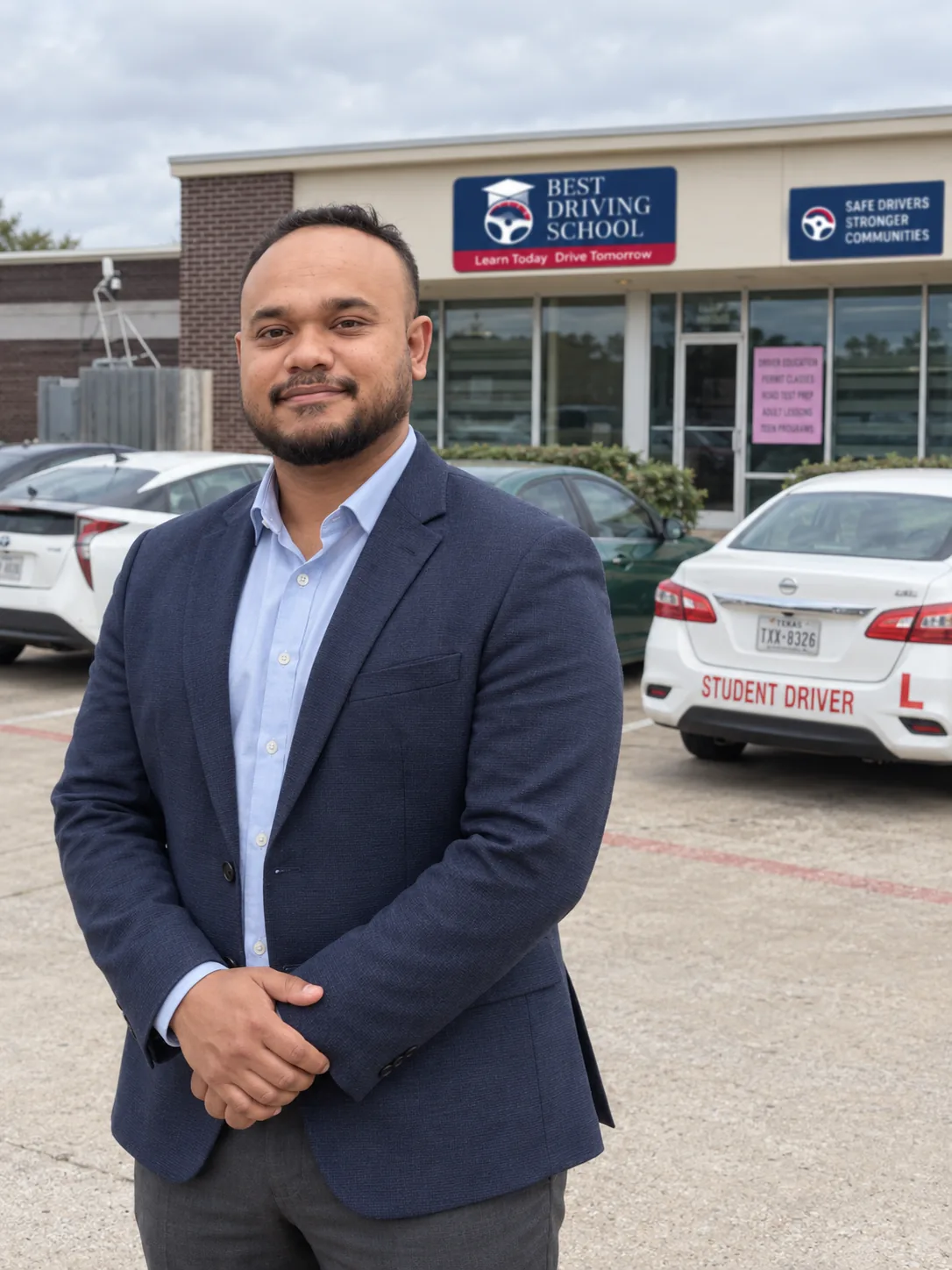 Al Amin Shaon Adi, owner of Best Driving School, outside the Plano office