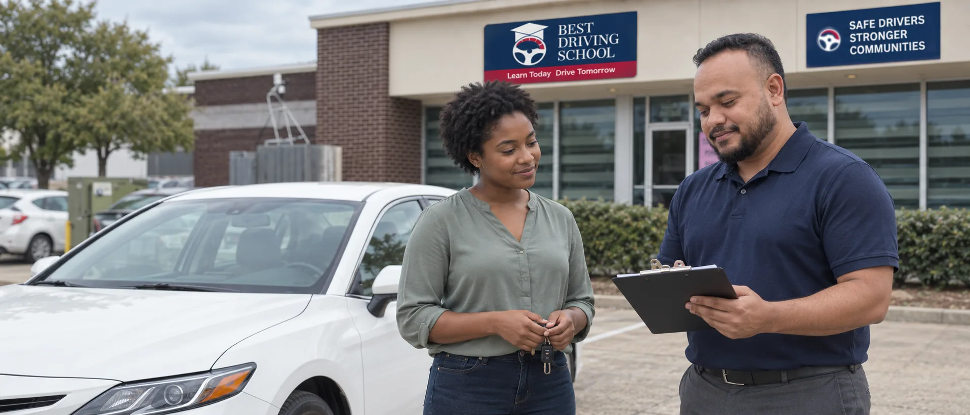 Examiner briefing an applicant beside the test vehicle before a third-party road test