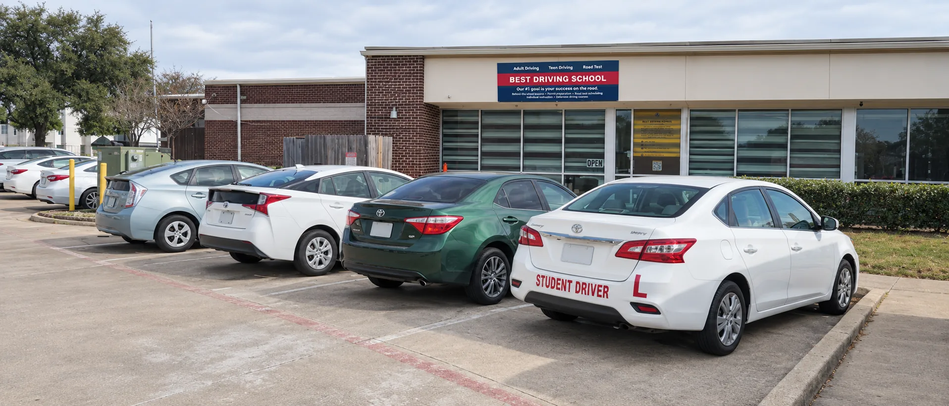 Best Driving School storefront and training fleet on Independence Parkway, Plano