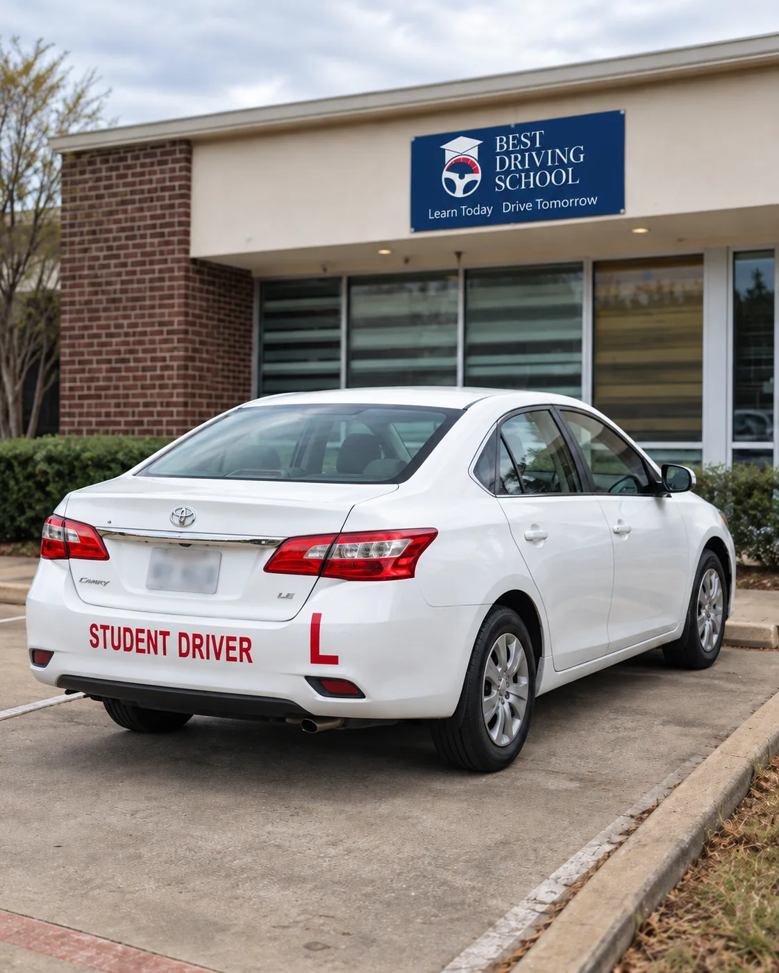 Best Driving School student-driver car parked outside the Plano office